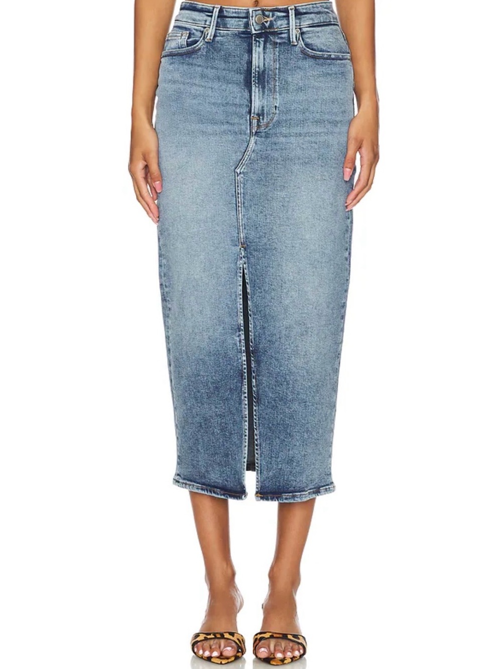Good American Light Blue Denim Midi Skirt with Front Slit